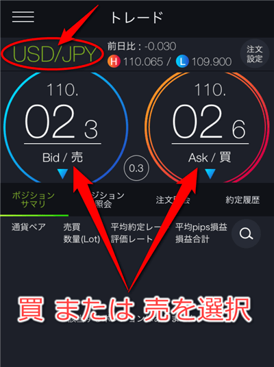 通貨をUSD/JPY、買か売どちらかをタップ