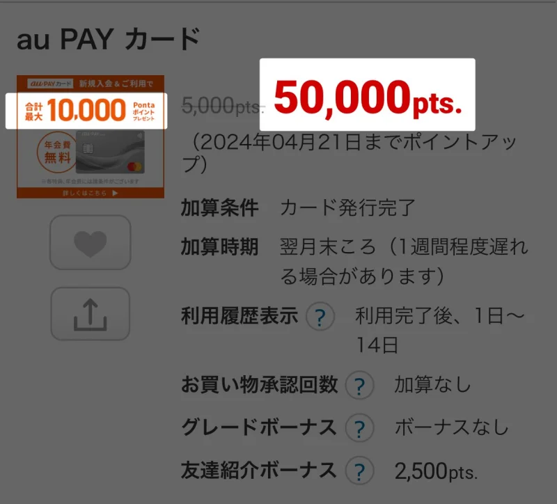 クレカ側で10,000円、ECナビで50,000pt